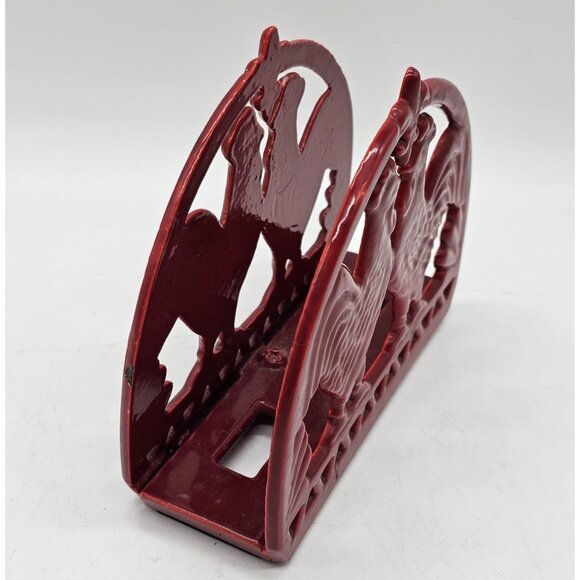 Red Cast Iron Rooster Farmhouse Napkin Holder Vintage - Picture 2 of 10